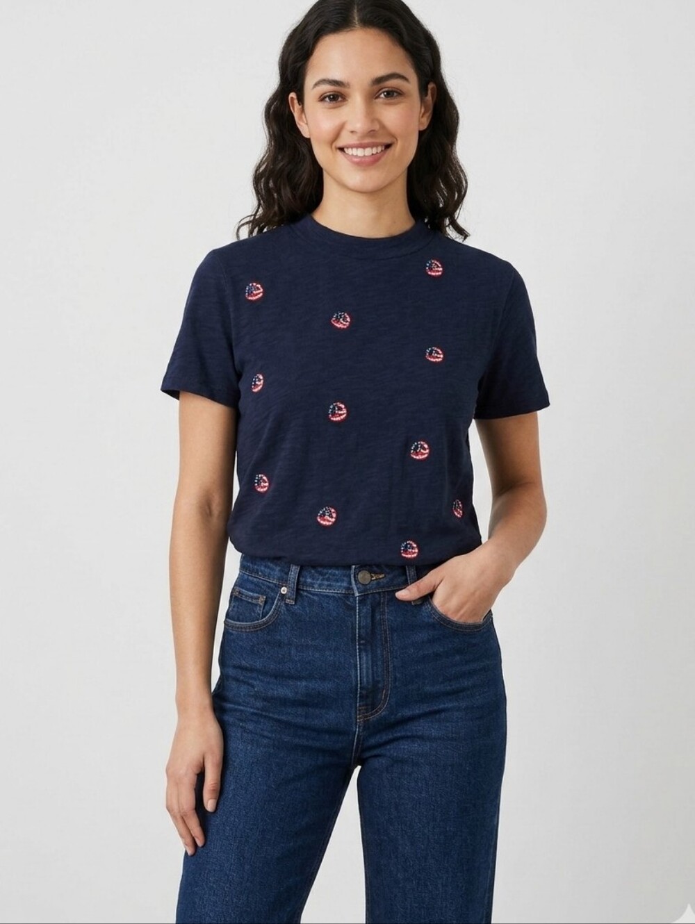 Lucky Brand Navy Short Sleeve Tee with Red & White Embroidered Peace Signs